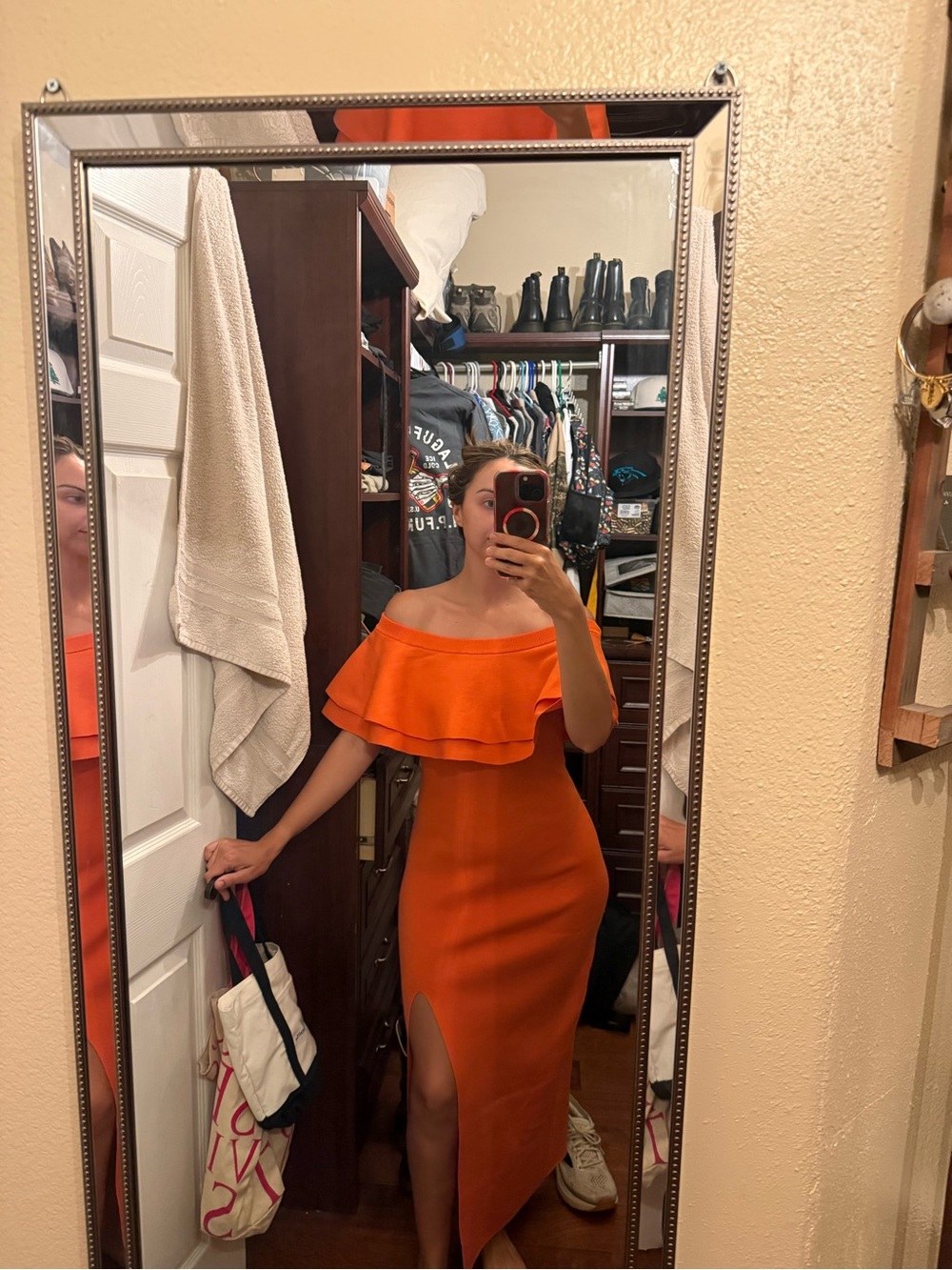 Vici Off-Shoulder Ruffle Midi Dress in Bright Orange